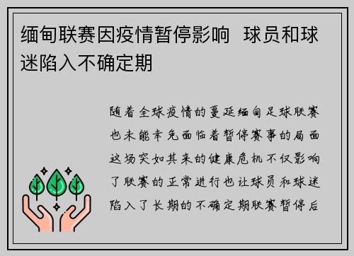 缅甸联赛因疫情暂停影响  球员和球迷陷入不确定期