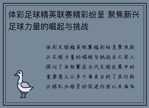 体彩足球精英联赛精彩纷呈 聚焦新兴足球力量的崛起与挑战