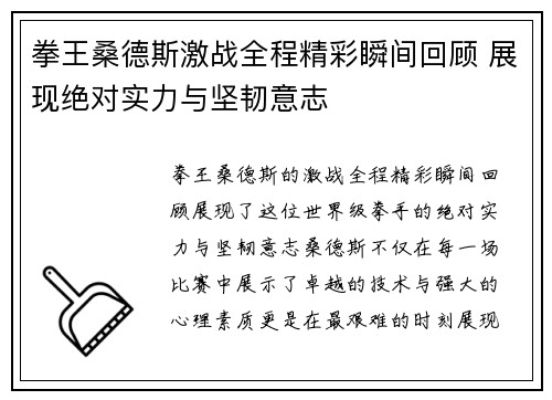 拳王桑德斯激战全程精彩瞬间回顾 展现绝对实力与坚韧意志