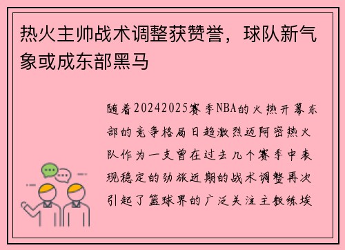 热火主帅战术调整获赞誉，球队新气象或成东部黑马
