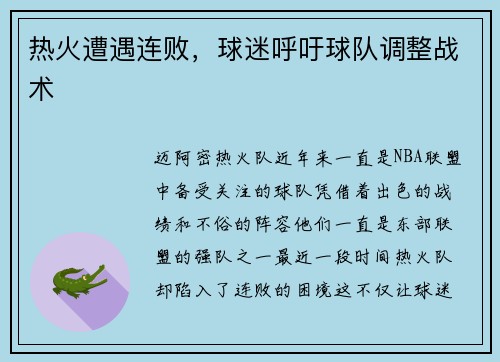 热火遭遇连败，球迷呼吁球队调整战术