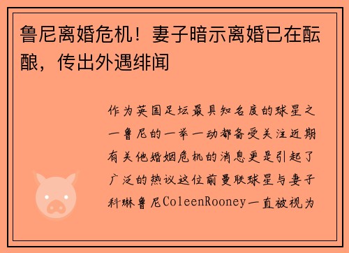 鲁尼离婚危机！妻子暗示离婚已在酝酿，传出外遇绯闻